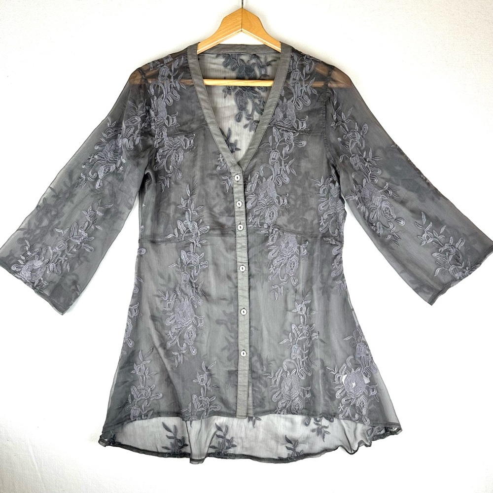 Charlie‎ B Embroidered Floral  V-Neck Button Down Semi Sheer Tunic Blouse